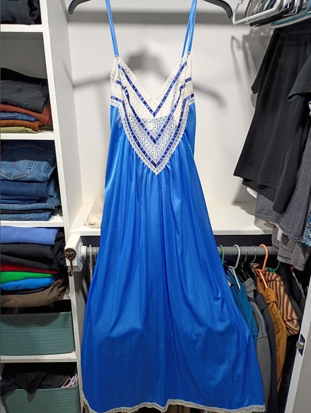 Vintage Electric Blue Lace Silky Night Gown